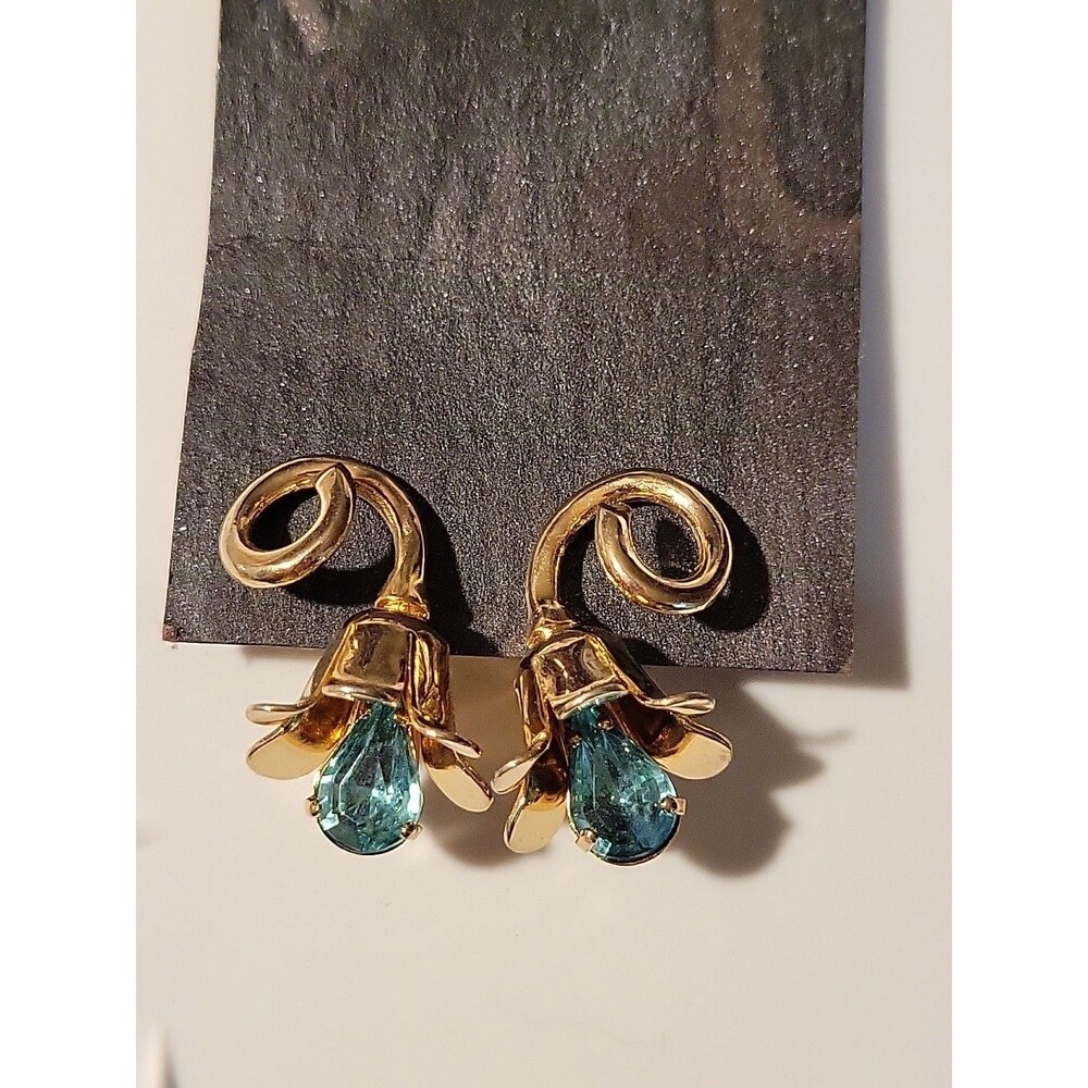 Vtg Coro Dangle Flower Earrings Clip On Goldtone Signed Blue Green Tulip RARE